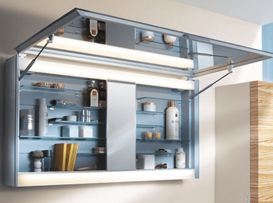 Meja rias stainless steel dengan pintu bukaan vertikal