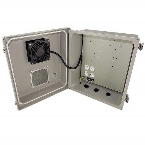 Gabinete NEMA calefaccionado, resistente a la intemperie y con ventilación de fibra de vidrio y ventilador de refrigeración