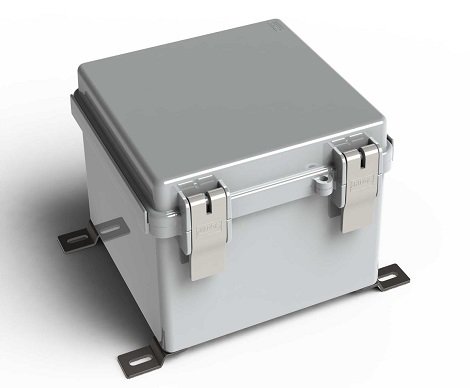 Caja de acero inoxidable con tapa abatible para montaje en poste en exteriores